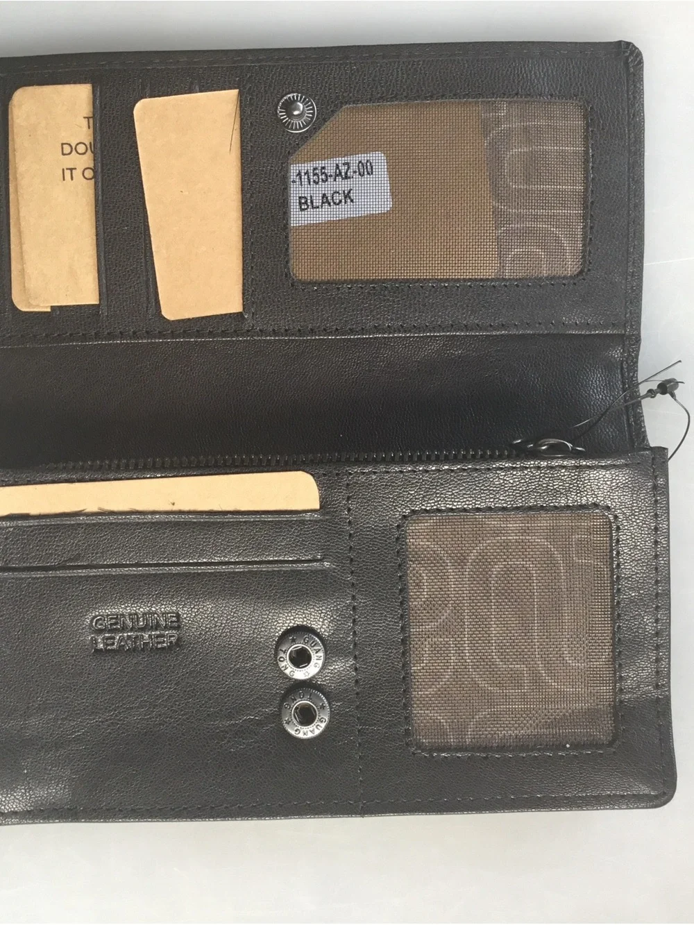 Women's Genuine Leather Black Trifold Wallet ID Windows Snap Closure